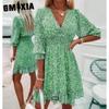 GMXIA Summer Floral Print Mini Dresses Women Vintage Sexy A-Line V-Neck Half Sleeve Party Dress Female Casual Elegant Beach Dress