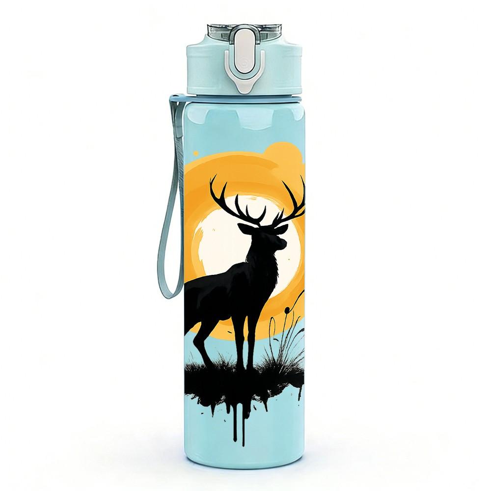 1PC Moon Elk Silhouette Pattern 750ml Color Plastic Sports Water Bottle Leakproof Flip Straw Lid Suitable for Sports Office Home Use