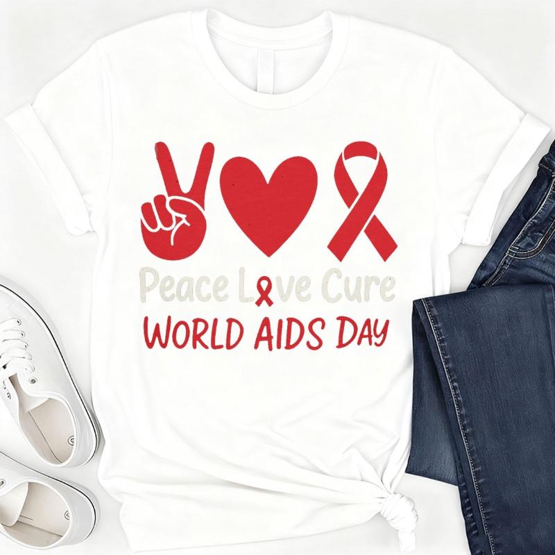 

World AIDS Day Cotton TShirt Peace Love Cure Tee HIV Awareness Shirt Red Ribbon Support Awareness Shirt Support Cure Tops 3XL