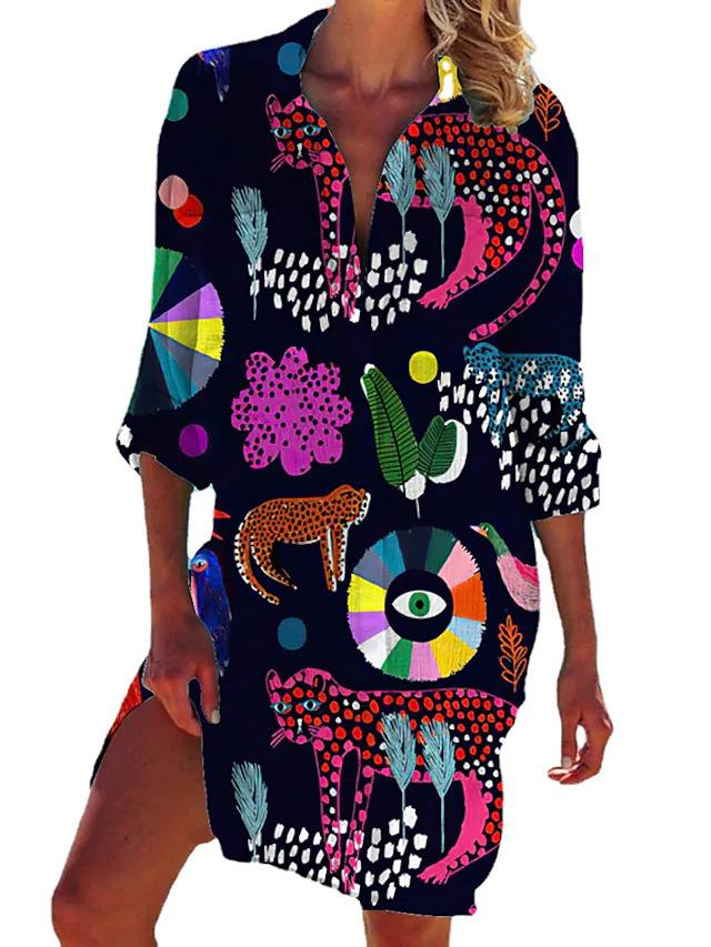 Copricostume da Donna con Scollo a V e Maniche Lunghe, Vestibilità Larga, Stampa Tropicale, Tessuto Pieghettato, Tasca, Copricostume da Spiaggia, Tunica
