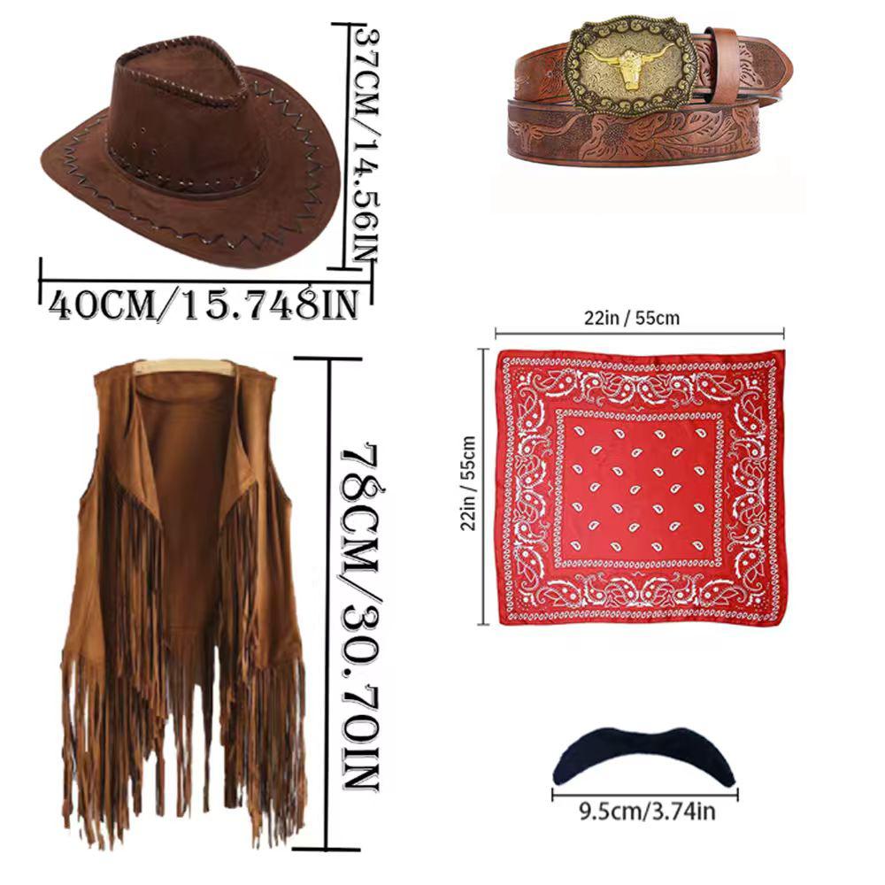 PESENAR Western Cowboy Kostüm Zubehör Set Cowboyhut Taschentuch Anstecker Denim-Set Halloween Party Verkleidung