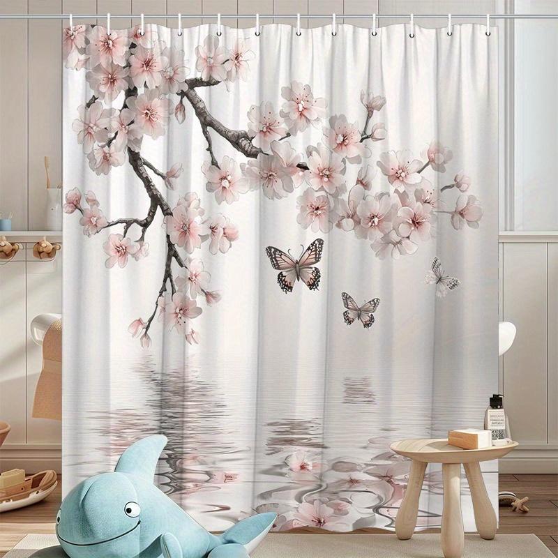 

1 шт. шторка для душа Сакура, бледно-розовые лепестки, бабочки и отражения в воде, спокойная весенняя сцена, машинная стирка 180X180cm