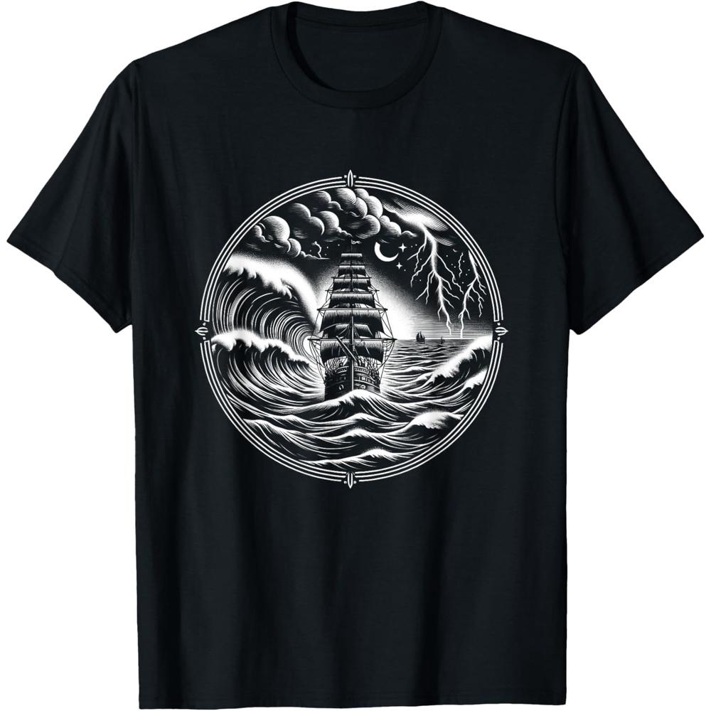Nautical Sailing Ship Storm Adventure Tee, Braving the Storm Men T-Shirt XS чёрный