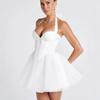 Mini Abito da Donna con Scollo a V all'Americana Senza Maniche Vita Alta Corsetto Decorazione Fiocco Gonna Tutù in Tulle Abito Corto per Festa Cocktail Estiva