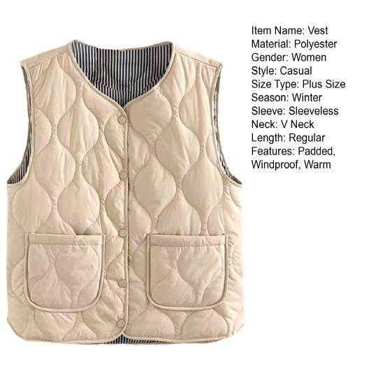 Winter-Schichtweste für Damen, Mantel mit Aufbewahrungstasche, dünn gepolstert, Druckknopfverschluss, V-Ausschnitt, ärmellos, einfarbig, winddicht, wärmespeichernd, Outdoor-Daunen