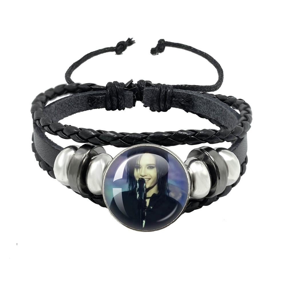 Pop Retro Rock Band Tokio Hotel Bill Kaulitz Band Black Rope Button Glass Cabochon Leather Bracelet Jewelry Charm Fans