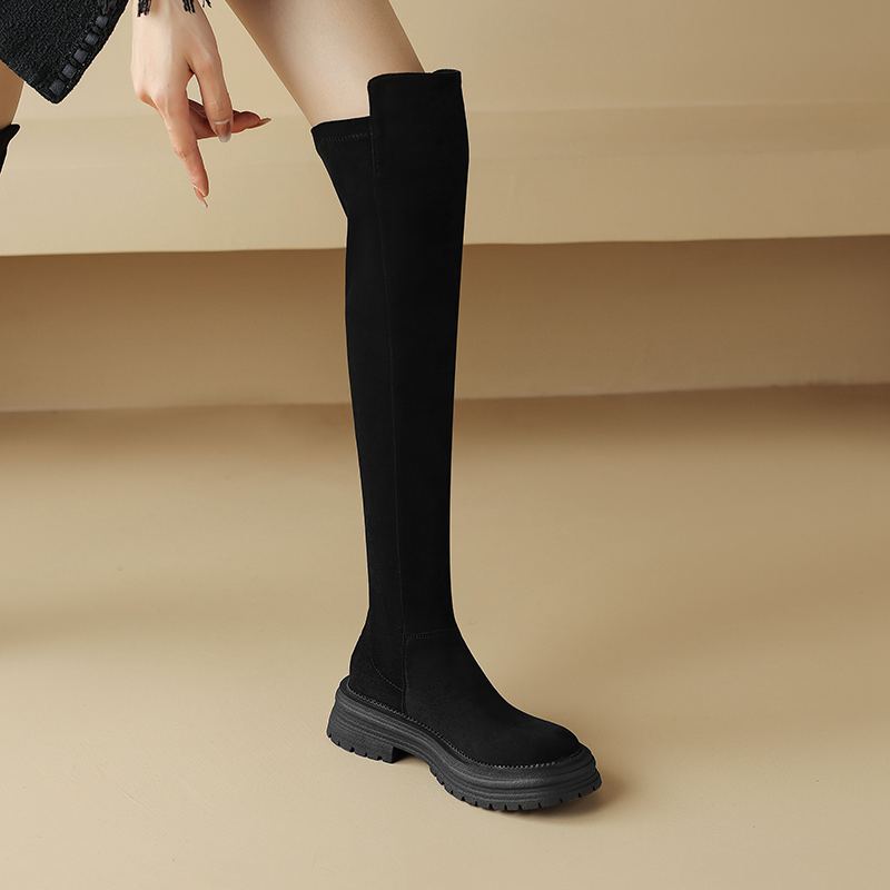 Krazing Pot Flock Autumn Winter Shoes Med Heels Flat Platform Size 42 Over-the-knee Boots Slip on Elastic Thigh High Boots