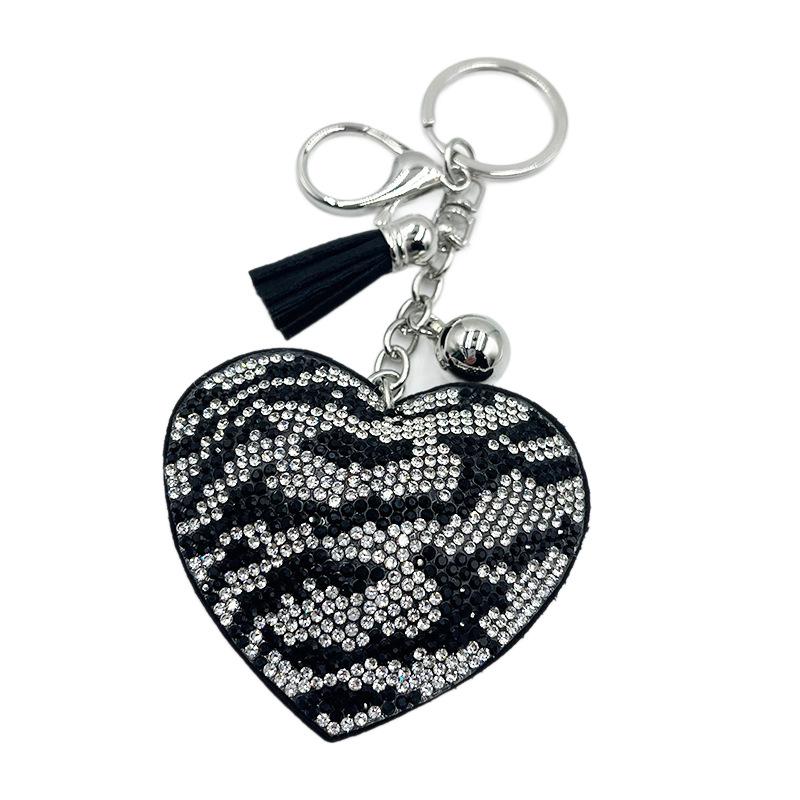 Diamond Zebra Print Heart Keychain with Tassel - Metal Pendant Bag Charm
