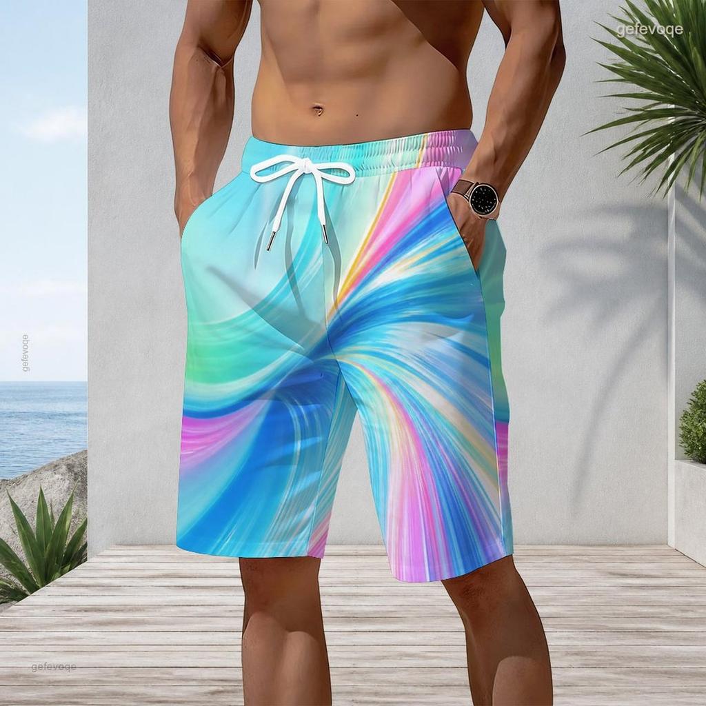 Men s Plus Size Cyan Multicolor Printed Beach Shorts Drawstring Waist Side Pockets Straight Leg