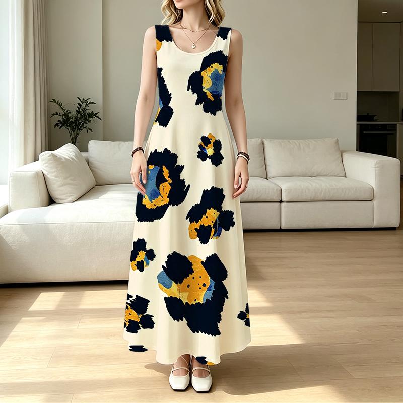 A-Line Sleeveless Maxi Dress,Loose Fit Lightweight Big Floral Design,Versatile Casual Dress for Daily,Outdoor,Vacation,Ideal for Spring Fall Layering