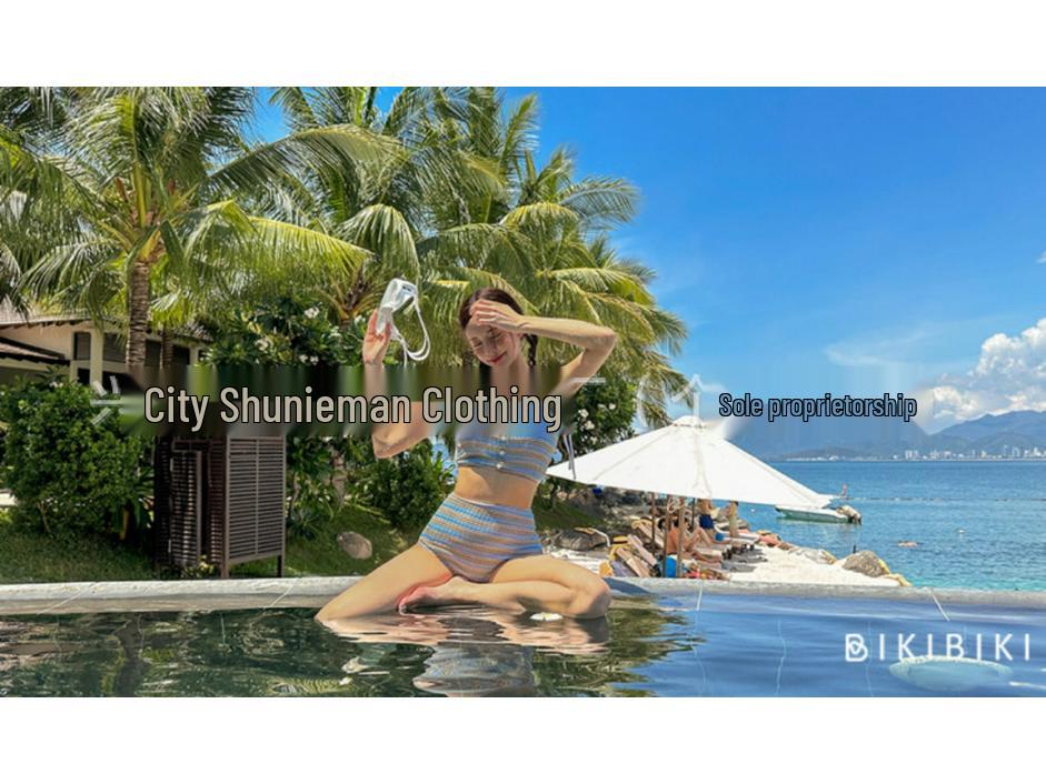 Women's High-End Striped Bikini Set with Cover-Up - Slimming Fit, Small Bust, Korean Conservative Style