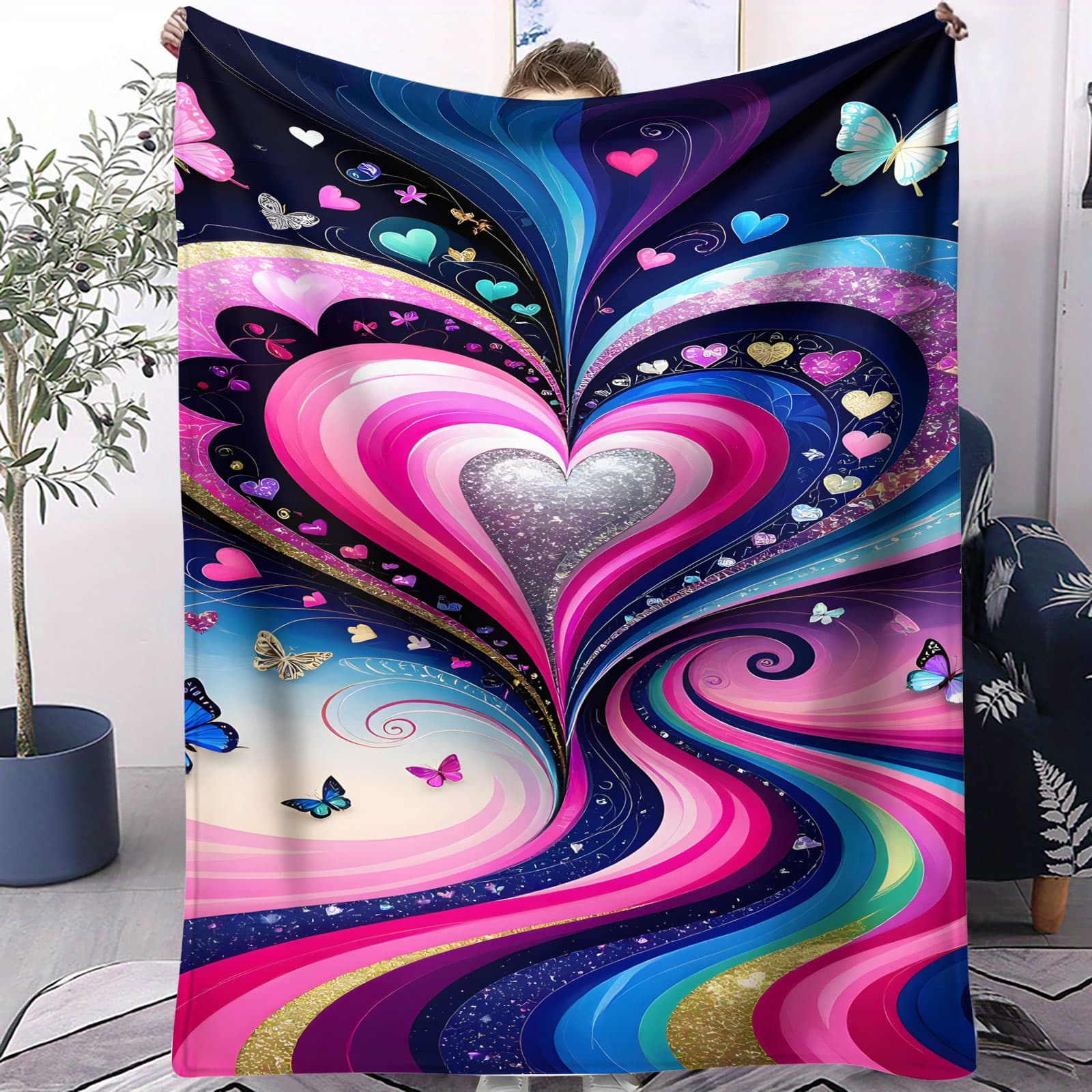 

Pink Black Layered Heart Blanket Cozy Throw for Bedroom Sofa Camp Romantic Decor Perfect Gift for Couples Style Fans 75x100cm