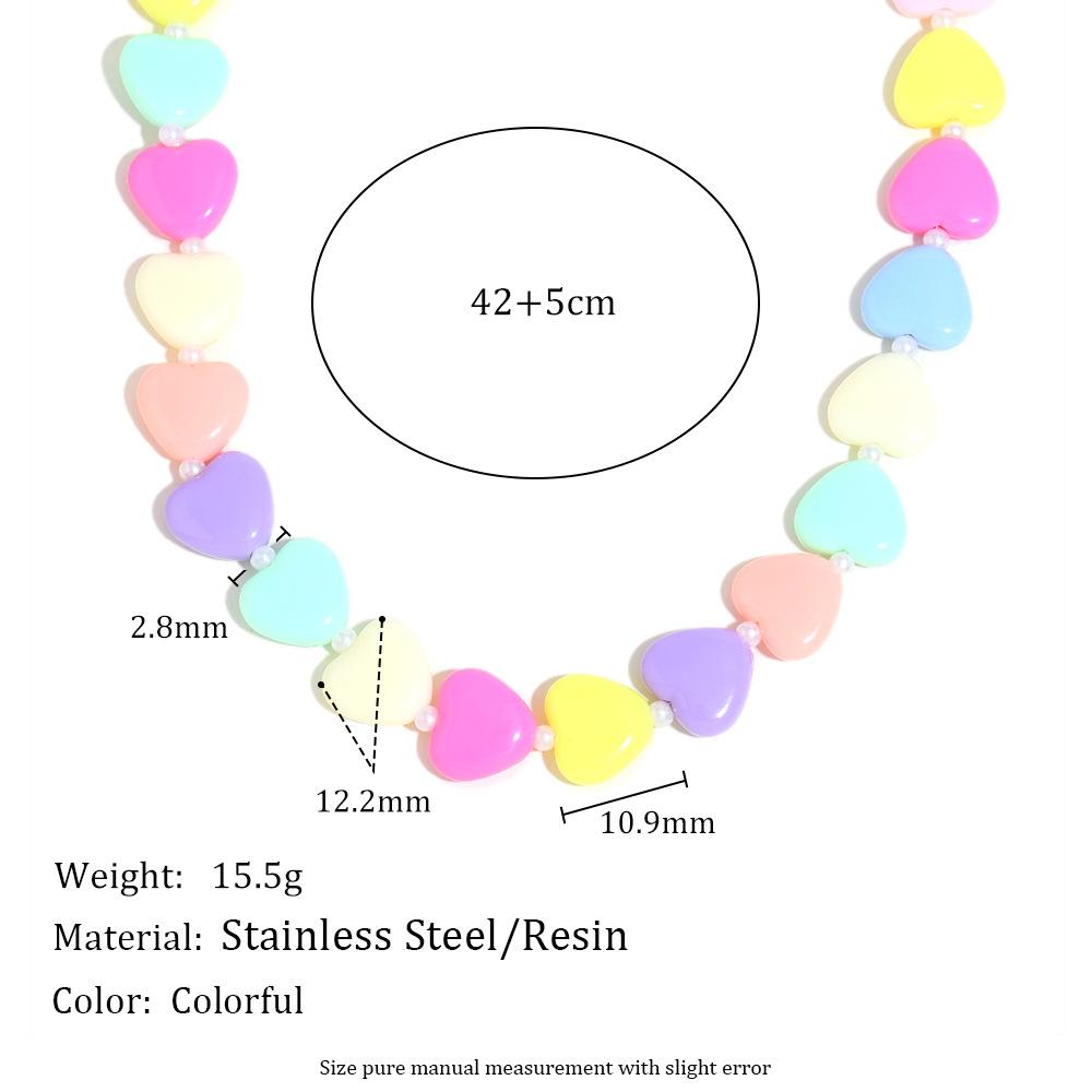 Multicolour Acrylic Heart Beads Necklace Bracelet Set Women Candy Color Love Heart Beads Stainless Steel Chain Handmade Jewelry
