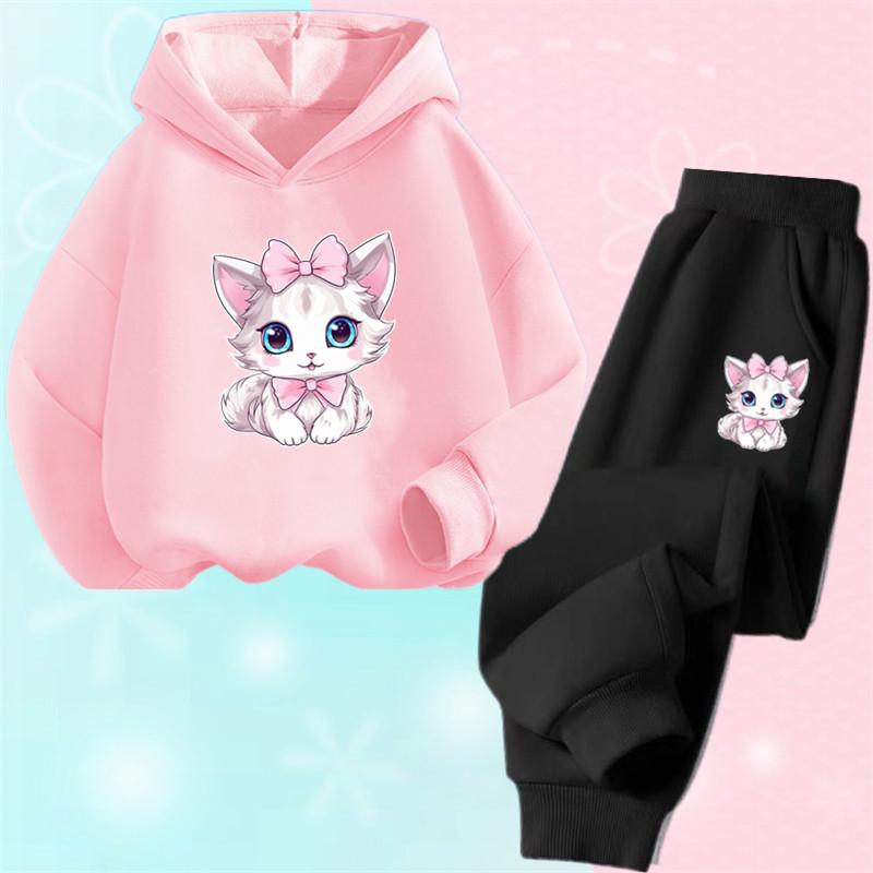 Dziewczęce urocze bluzy z kapturem i spodnie z nadrukiem kreskówkowego kota, zestawy ubrań, garnitur dla dziewczynki, urocze topy dla dzieci, stroje dla dziewczynki, sportowe dresy