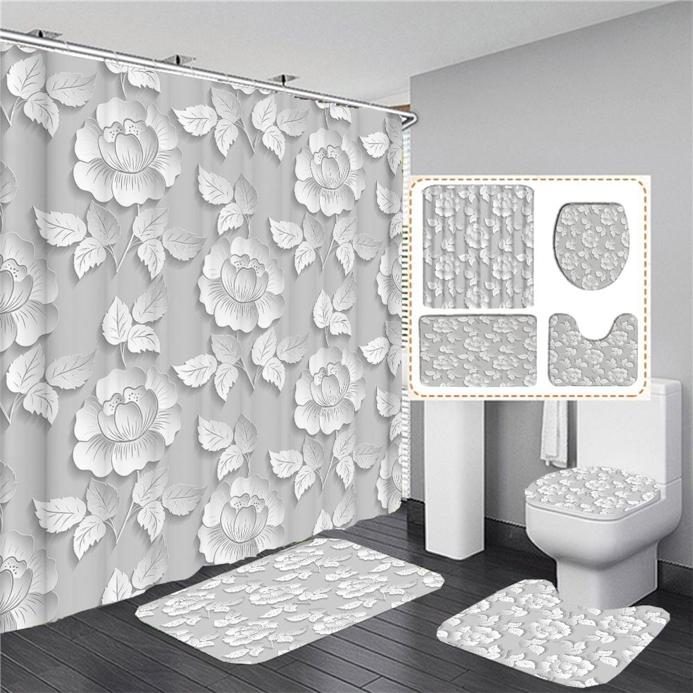 Elegant Bukett Av Fantastiska Vita Blommor 3D-stil Duschdraperi Badrumsgardin Med Badrumsmatta Mattset Blommig Heminredning