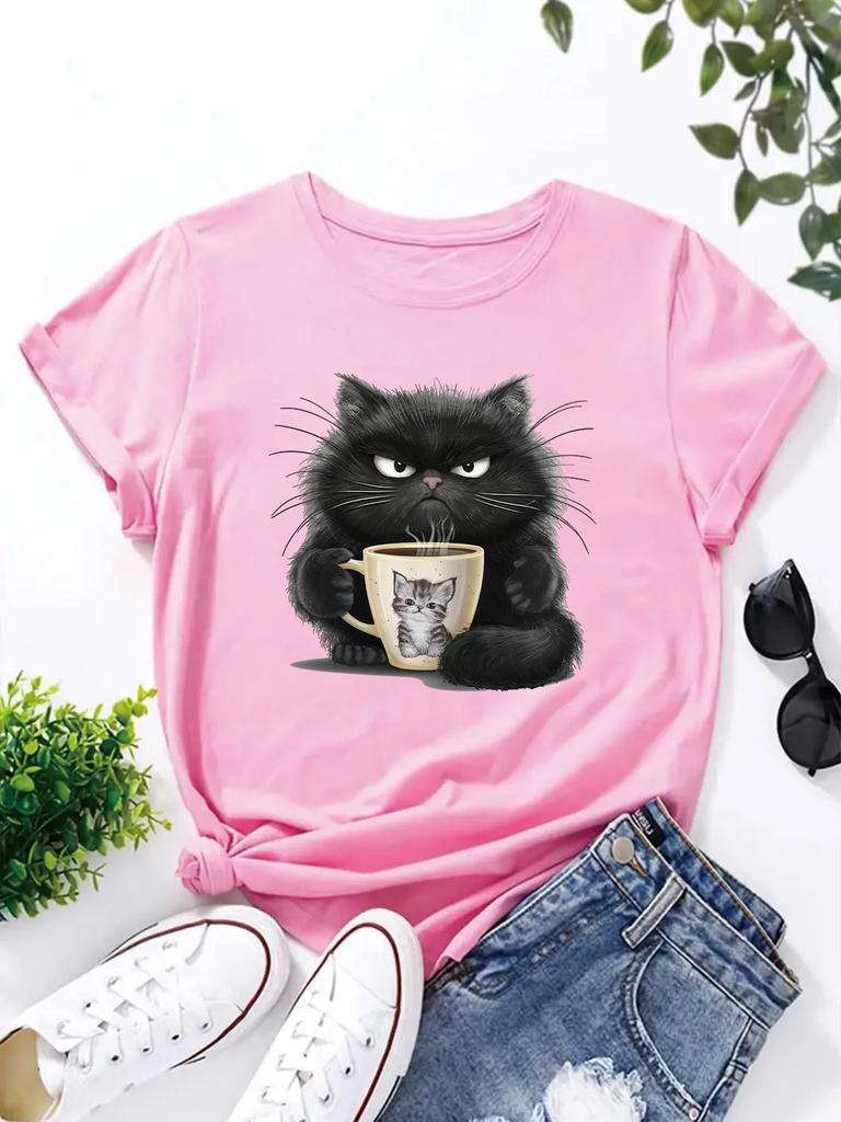 Cute Coffee Drinking Cat Women T Shirt Summer Fashion Short Sleeved T-shirt Tee Tops O-neck Casual Tshirt Women's Clothing