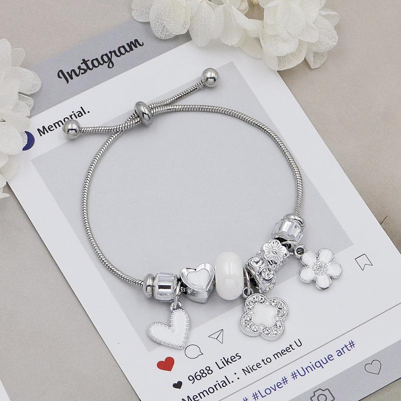 Adjustable Chain Bracelet With Diamond Clover Heart Flower Beads Luxury Charm Bangle For Women