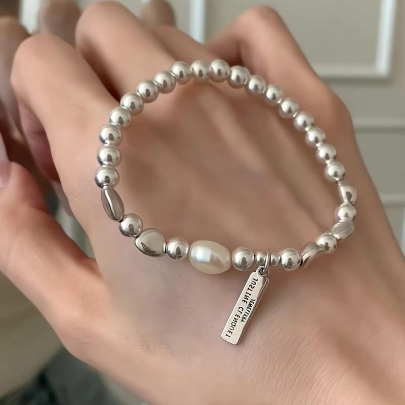 

Letter Broken Silver Baroque Pearl Bracelet Women s Elastic String Rope Adjustable