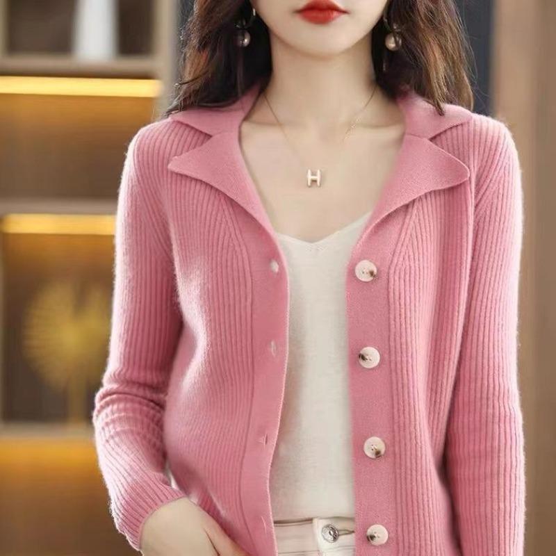 Spring and Autumn New Suit Collar Knitted Cardigan Women's Collar Short Bottom Sweater Jacket Knitted Sweater Outer