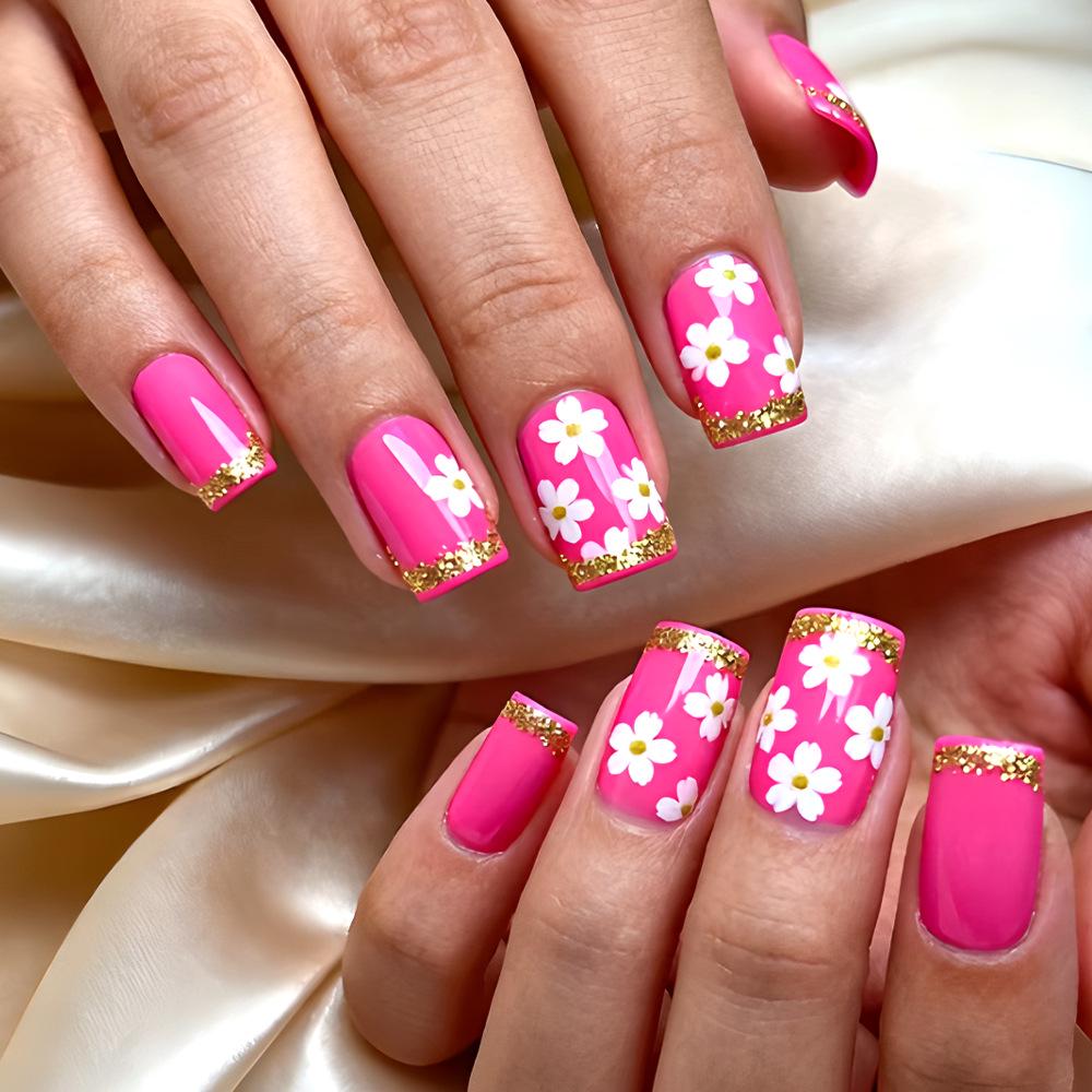 Spring Pastel Pink Floral Gold-Tipped Manicure - 24 Detachable Wearable Nails