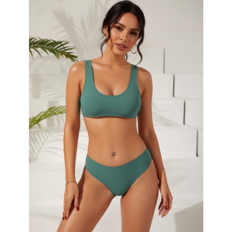 Women S Solid Color Split Swimsuit Beach Bikini Set