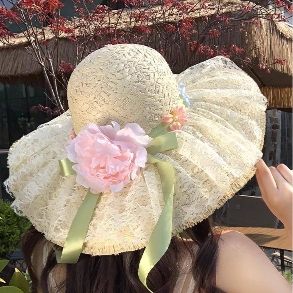 Big Brimmed Vacation Beach Cap Flower Woven Sun Cap Elegant Lafite Straw Hat  Summer
