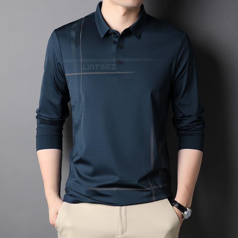 Herbst Neues Herren-T-Shirt Langarm Slim-Fit Koreanischer Stil Herren-T-Shirt mit Polokragen Streifen Langarm-Unterziehshirt Herren