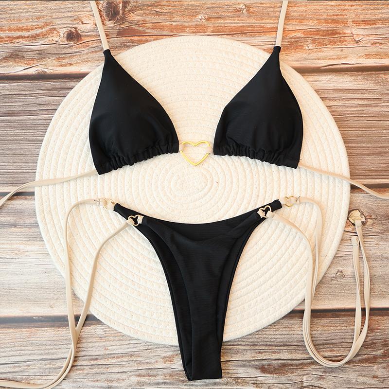 Women's Sexy Brazilian Bikini Set Halter Triangle Top Thong Bottom Two-Piece Swimsuit Heart Bathing Suit Summer Beach Swimwear