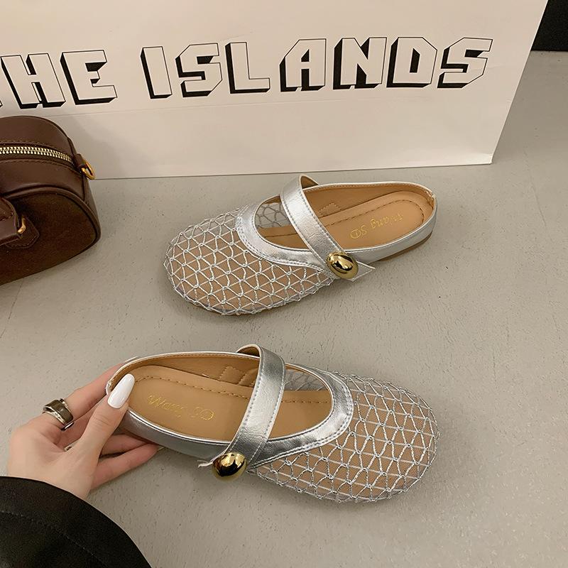 Plokščiapadžiai prancūziški maišelio formos priekio batai, pusiau šlepetės, lauko avalynė moterims, nauji tinkliniai kvėpuojantys ir patogūs minkštapadžiai sandalai 2025 m. vasarą