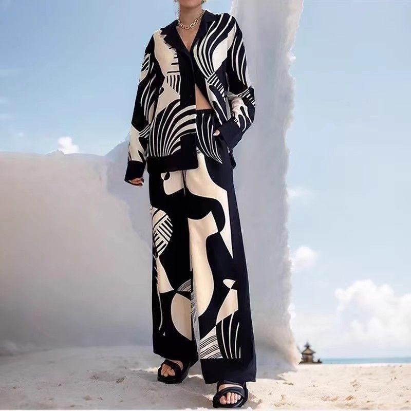 

Fashion Style Fashion Women s Wear Spring and Autumn New Long Sleeve Shirt Loose Casual Print Suit Two-piece Set Female Fashion Black S
