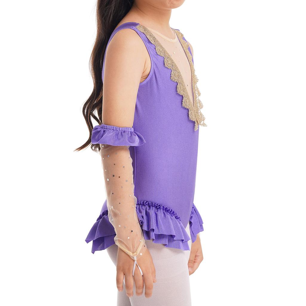 Costum Showman pentru Fete, Fără Mâneci, cu Inserții din Plasă, Spate în Formă de V, Body cu Mâneci de Braț Atașabile