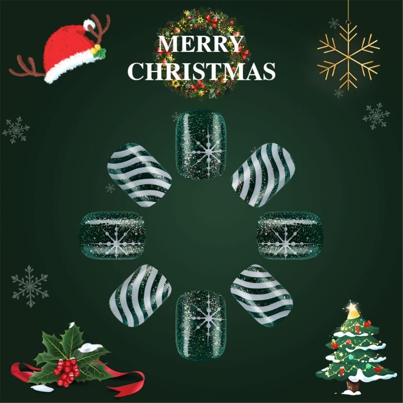 24 Pcs Christmas Press On Nail Wreath Stick On Nail Glittering Stripes Acrylic Nail Short Full Cover False Nail