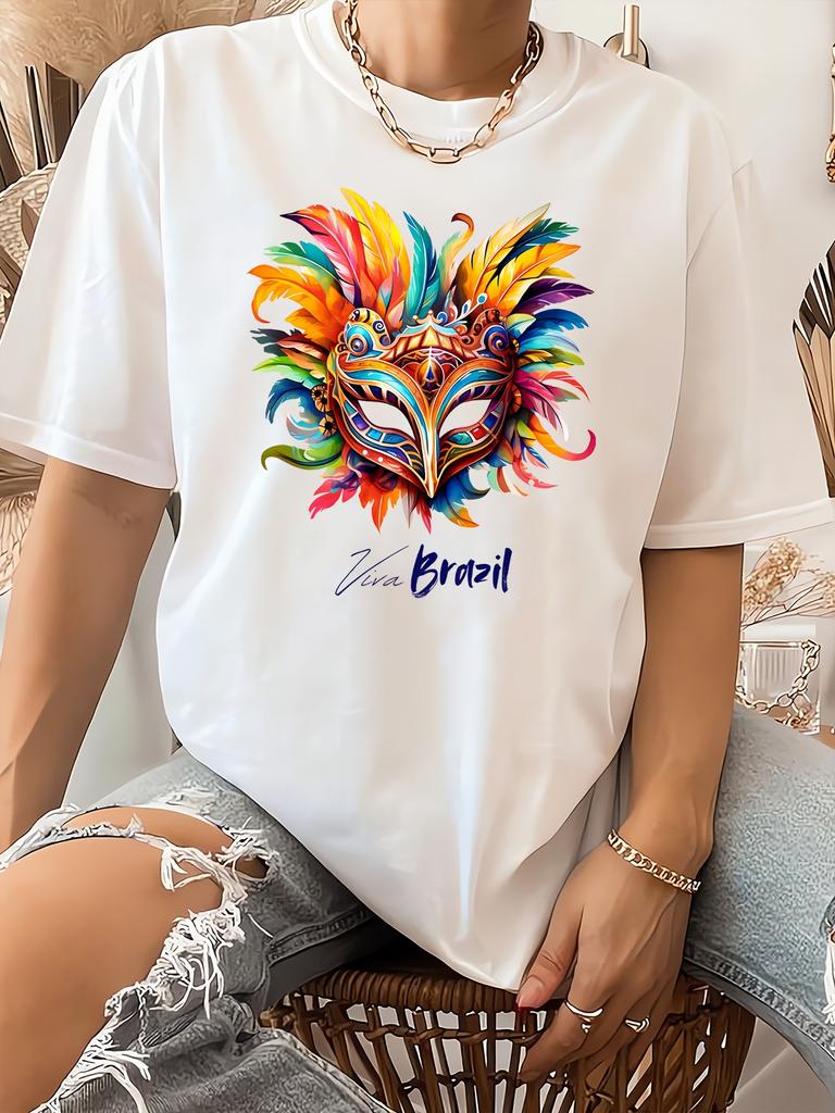 Womens Carnival Short Sleeved Top Viva Brazil Feather Mask Printed Round Neck Tshirt Summer Womens Essential Casual Top