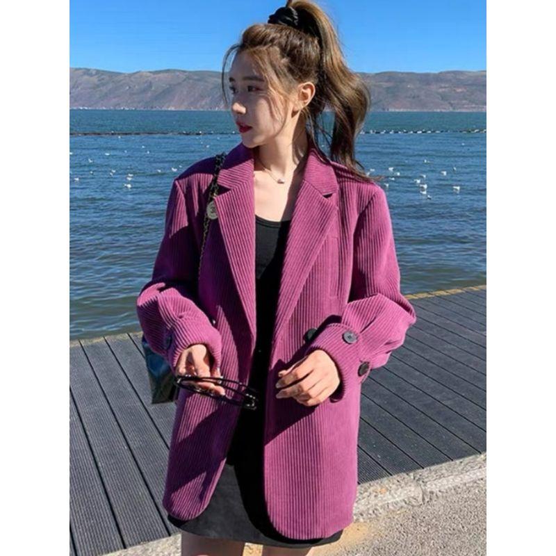 Autumn New Women Clothes Plum Color Corduroy Small Suit Retro Slim Fit Small Temperament Long Sleeve Blazers