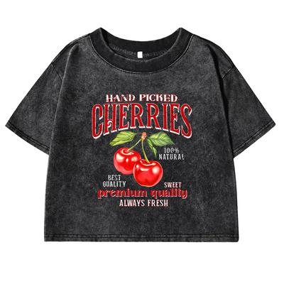 Hand Picked Cherries Printing Women Washed T Shirts Cotton Tops Sport Streetwear Fashion Retro Female Short Sleeve