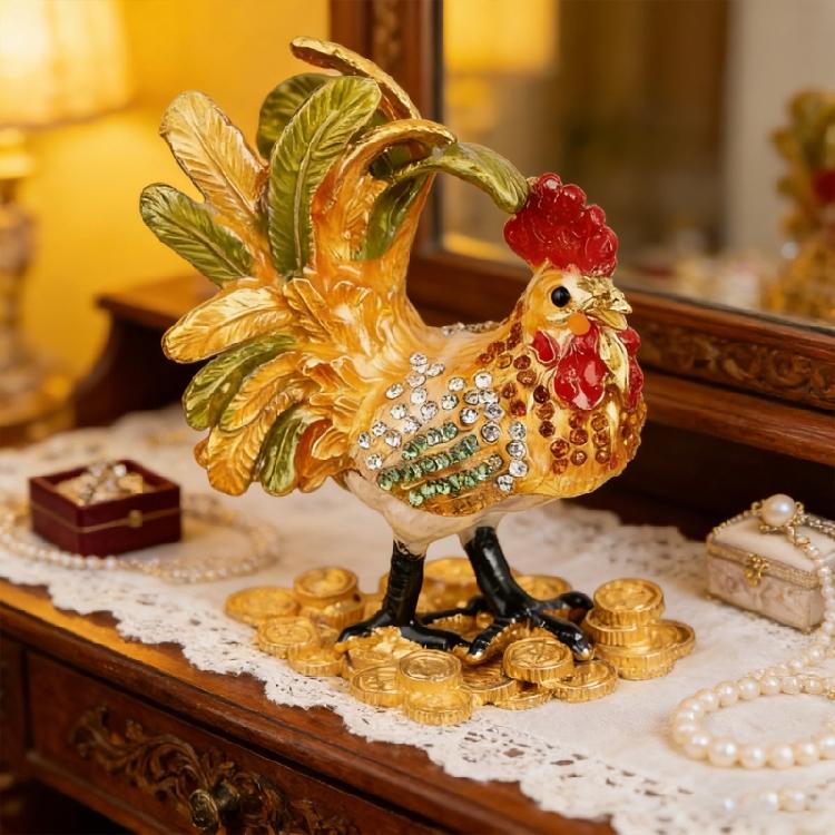 Premium Alloy Rooster Figurine Box With Enamel Finish For Safekeeping Valuables And Gifts Jewelry Organiser