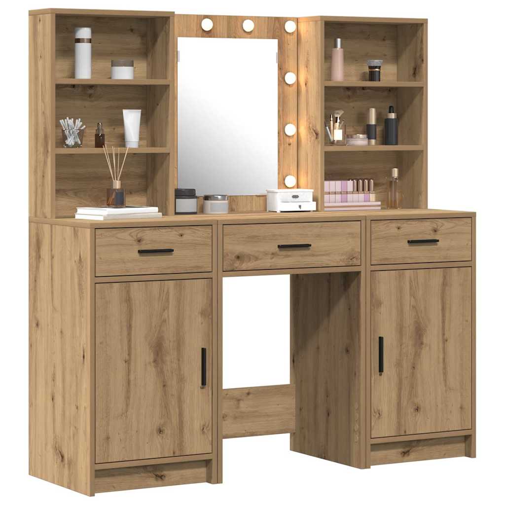 LED Vanity Table Set with 3 Pcs Artisan Oak Wood Based Material