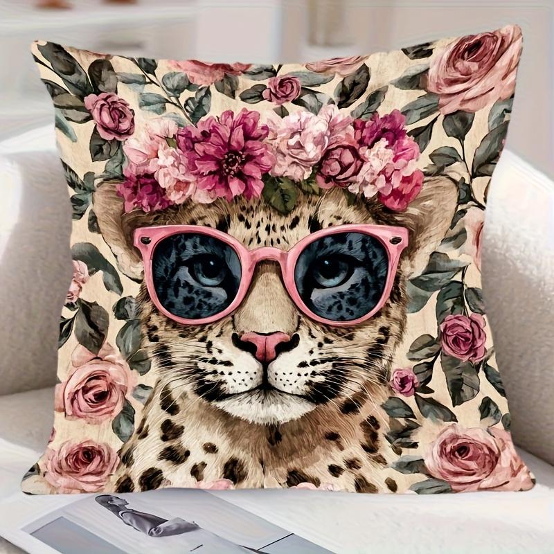2D flat-Vintage Boho Floral Leopard Print Throw Pillow Cover Pink Sunglasses Flower Crown Decorative Cushion Case