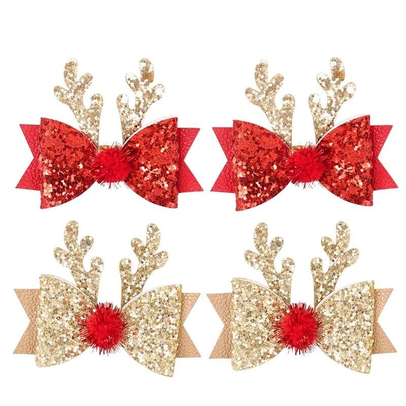 2/4pcs Christmas Elk Ear Bow Hair Clip Glitter Gold Red Hairpin Women Girls Headdress New Year Party Barrettes Cosplay Headwear
