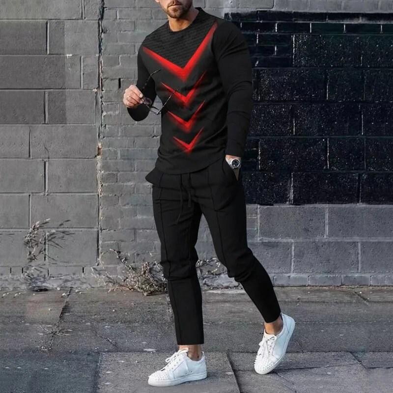 Men's casual sportswear men's sports two-piece fashionable 3D printed vintage clothing long sleeved shirt pants set pants suit