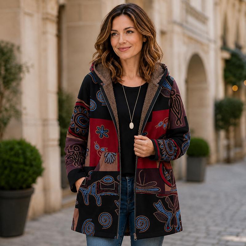 Women Bohemian Printed Hooded Coat, Fleece Lined Zip‑Up Mid‑Length Jacket, Ethnic Mandala Pattern Warm Outerwear with Pockets for Ladies