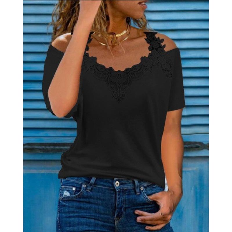 V-neck splicing short-sleeved lace casual loose T-shirt women S