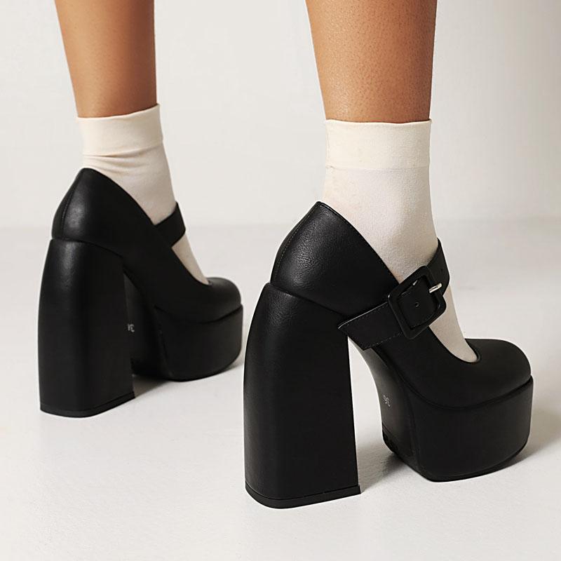 Black White Mary Janes Super Thick High Heels Platforms Pumps For Women Casual Spring Summer Shallow Party Chunky Shoes Ladies