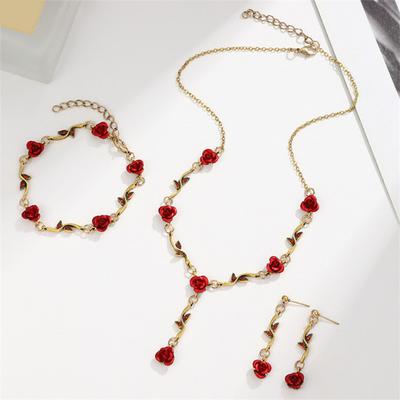 Yousheng 3Pcs/Set Retro Women Wedding Jewelry Set Rose Flower Shape Rhinestones Pendant Necklace Adjustable Earrings Dangle Earrings Set