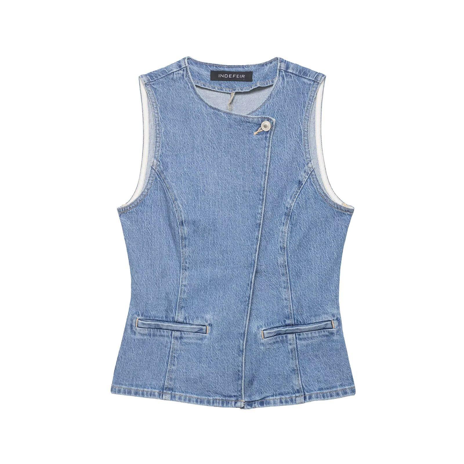 Cross-border female new wholesale, European and American style spring new product retro sleeveless double-placket denim vest + skirt set XS