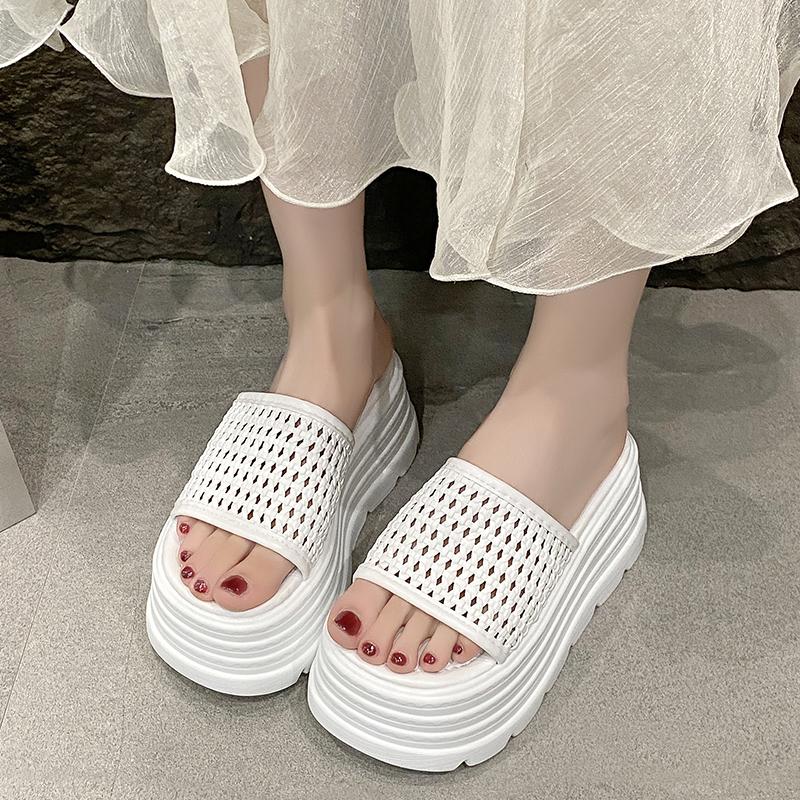 Fashion 8CM Platform Sandals Women 2025 Summer New Non-slip High Heels Weave Leather Slippers Ladies Open-toed Roman Soft Beach Shoes