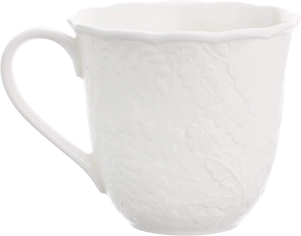 NARUMI Pair of Honiton Lace Bright Mugs, 350cc, White, Lace Pattern, Cute, Large, Wedding Gift, Microwave-Safe, Dishwasher-Safe, Gift Boxed, Gift