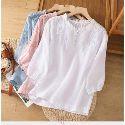 Sommer locker lässig sieben Viertel Ärmel bestickt künstlerische Retro Top T-Shirt für Frauen T-Shirts (Damen)