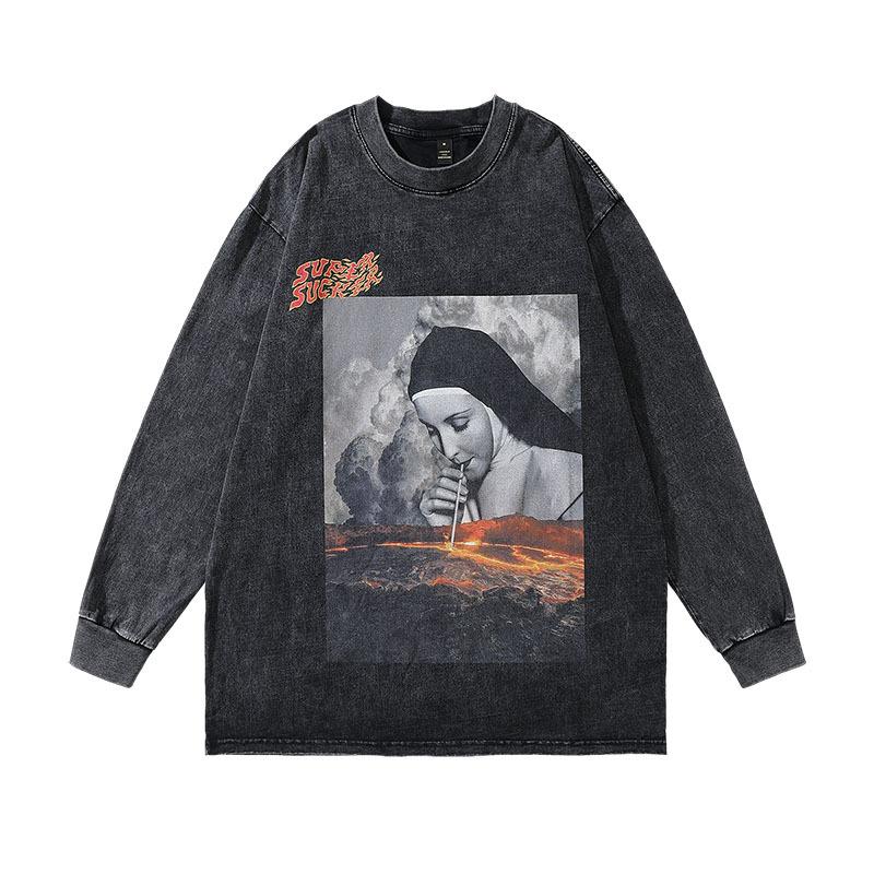 American Street Retro West Coast Hiphop Print Old Long-Sleeved T-Shirt Men'S And Women'S Washed Bottoming Tee Shirt