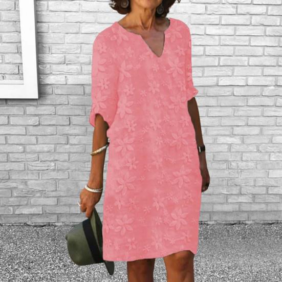 Women Summer Dress Mid Sleeves V-neck Solid Color Loose Pullover Daily Wear Flower Print Casual Lady Midi Dress Female Clothes